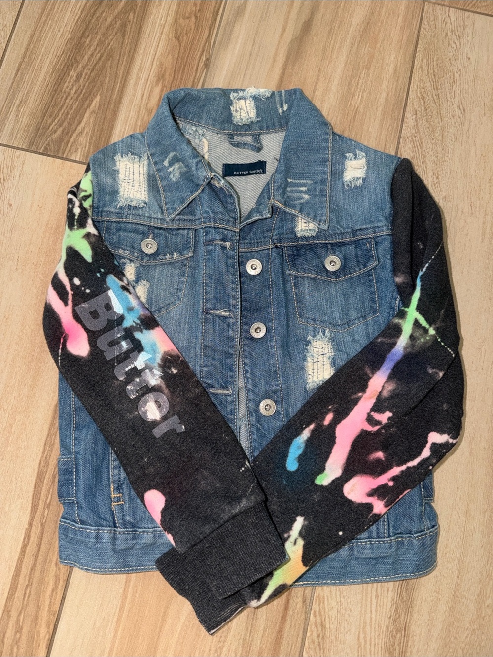 BUTTER - Button-Down Denim Jacket with Black Tie-Dye soft sweatshirt Sleeves